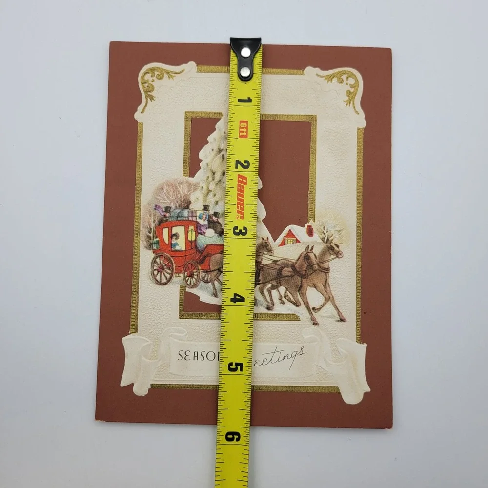 Vintage Seasons Greetings Card Horse Drawn Carriage Christmas Tree‎ Signed